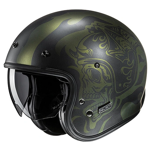 HJC V31 Flame MC-4SF Open Face Helmet - Black/Green - XS - SKU:1129108